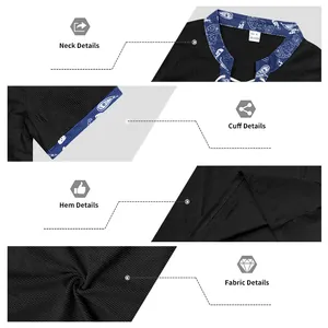 Close-up details of black corduroy Henley shirt with blue paisley collar and cuffs