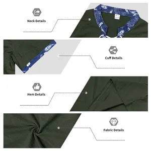 Detailed view of the paisley collar, ribbed fabric, and hem of a men's Henley shirt