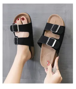 Sandales noires pour femmes en faux daim à double boucle avec assise plantaire en liège