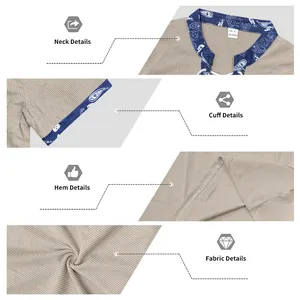 Detailed view of khaki corduroy shirt featuring paisley collar and sleeve cuff textures.