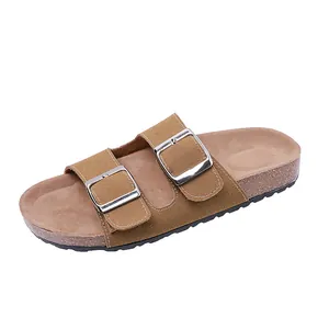 Sandales classiques en daim beige pour femmes avec double boucle et lit en liège
