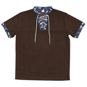 Retro brown corduroy short sleeve shirt with paisley patterned collar and lace-up neck