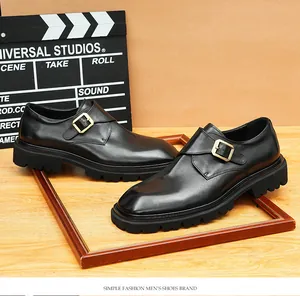 Classic black leather single-buckle monk shoes for men featuring thick tread soles