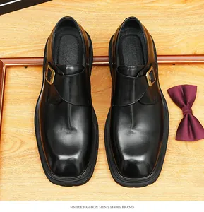 Black genuine leather monk strap shoes for men with thick sole and square toe design