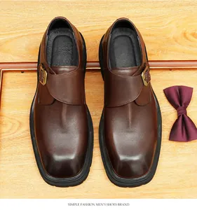Top view of dark brown leather single buckle Monk strap shoes with thick soles for men