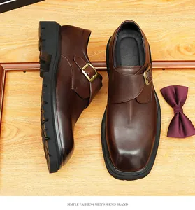 Detailed top view of dark brown genuine leather monk strap shoes featuring thick black lug soles