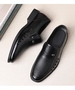 Premium men's breathable black hollow-out leather loafers for elegant summer casual wear