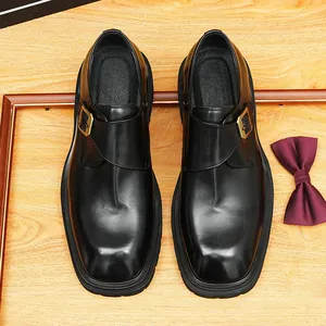 Men Business Casual Leather Monk Strap Shoes British Style Thick Sole Single Buckle Breathable Dress Shoes For Men Office