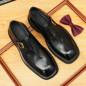 Elegant men's black leather monk strap shoes with wide square toe and thick sole for formal events