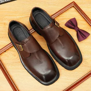 Classic men's brown leather monk strap shoes with square toe and a durable thick sole