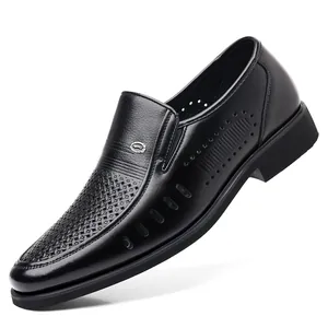 Summer breathable hollow-out black leather loafers for men with stylish woven texture
