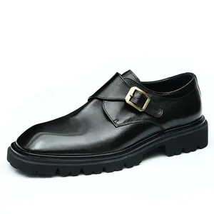 Classic black leather monk strap shoes for men with single gold buckle and thick sole