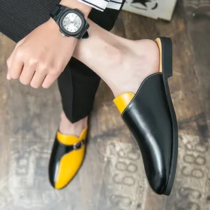 Mocassins en cuir noir et jaune sans talon pour hommes au design moderne