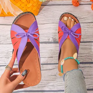 Sandales d'été pour femmes avec nœud bicolore rouge et violet pour la plage