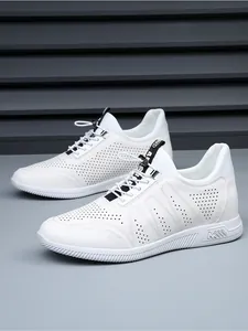Breathable men's white perforated cowhide leather sneakers with hidden height lift