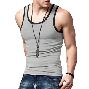 Detailed view of men's slim fit gray athletic tank top featuring contrast black trim