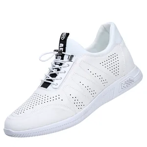 Detailed side view of men's white perforated leather sneakers with height increase