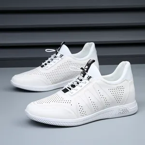 Premium white perforated leather sneakers for men with hidden height increasing sole