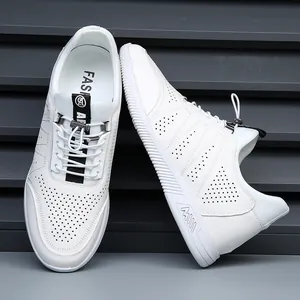 Breathable white leather casual sneakers for men with hollow-out design and elastic laces
