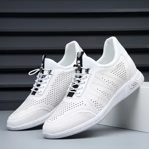 Close-up of white breathable cowhide leather sneakers with hidden height increase design