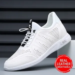 Men's white genuine leather casual shoes featuring breathable perforated mesh design