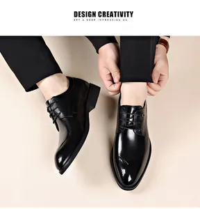 Detailed view of men's black leather business shoes with elegant brogue patterns