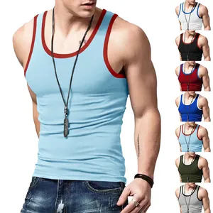Heren Sportief Casual Tanktop Slim Fit Contrastbies Ronde Hals Mouwloos Vest Voor Zomer Outdoor Workout Pullover Polyester Top