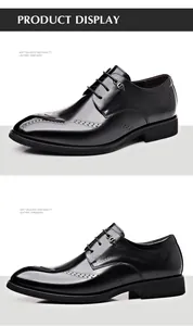 Detailed view of black leather oxfords with elegant brogue patterns and high-quality finish