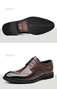 Detailed views of brown men's leather dress shoes showing side profile and sole pattern.