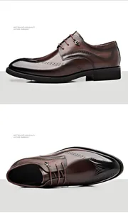 Close-up detail of brown embossed business leather shoes with elegant brogue patterns