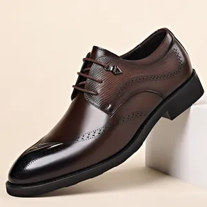 Men Cowhide Leather Business Dress Shoes Soft Breathable British Style Brogue Derby Shoes For Formal Office Career Work