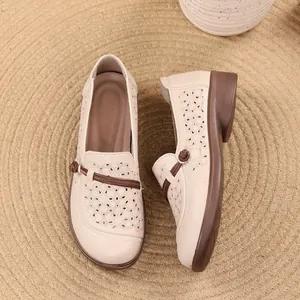 Comfortable breathable hollow-out summer shoes for elderly women, beige with brown sole