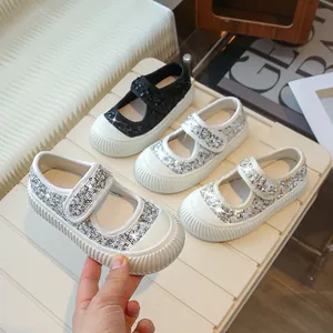Fashion Girls Sequin Canvas Shoes Korean Style Mary Jane Princess Flats With Hook Loop Anti-Slip Rubber Sole Kids Daily Shoes