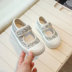 Stylish silver sequin Mary Jane shoes for girls with easy magic tape closure