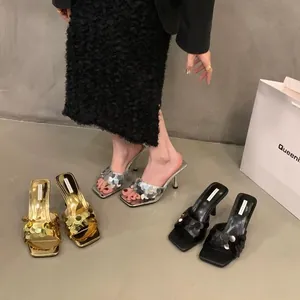 Elegant women's sequin high heel mule sandals with square toe in gold, silver and black