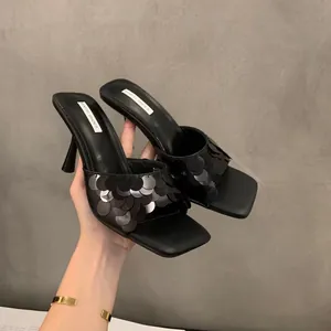 Elegant black sequin high heel sandals with square toe and French chic style for women