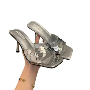 Elegant silver sequin high heel mules for women with a stylish French square toe design