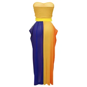 Summer beach style two-piece outfit featuring a yellow tube top and color-block maxi skirt