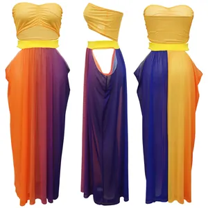 Detailed view showing three angles of a vibrant multi-color beach tube top and skirt set