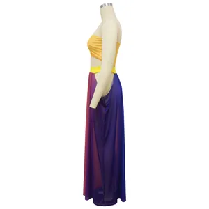 Side view of vibrant beach-style set featuring orange tube top and purple gradient skirt