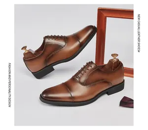 Classic brown leather oxford shoes with cap-toe design for men's business formal wear