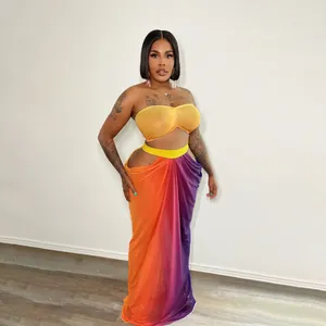 Two-piece beach set featuring a yellow bandeau top and a vibrant gradient mesh maxi skirt