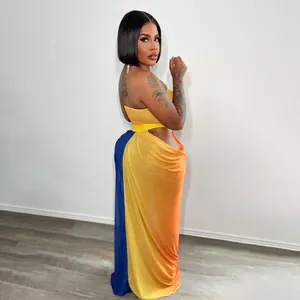 Full side profile showing the drape and vibrant color-block layout of the skirt set