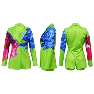 Vibrant lime green blazer and shorts set with large floral print, 3-way view details.