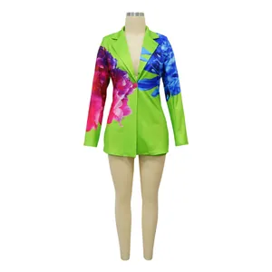 Stylish vibrant green blazer with large floral print pattern for women's fashion wear