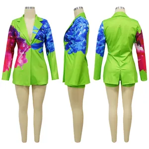 Detail view of stylish lime green floral print blazer and shorts set from multiple angles