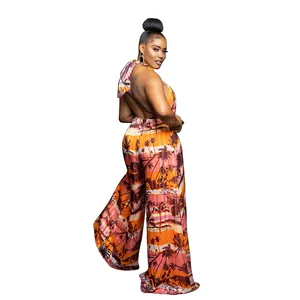 Tropical palm tree print halter backless wide-leg jumpsuit for summer casual fashion wear