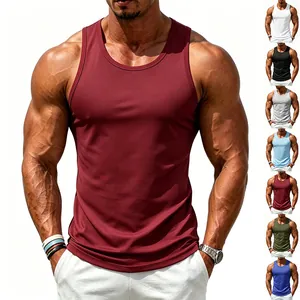Athletic men's cotton tank tops in various colors displayed on a muscular model