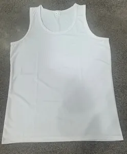 Detail of white breathable men's athletic tank top in soft cotton-feel fabric