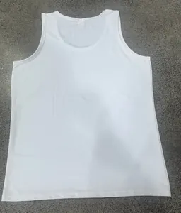 Detail view showing the fabric and cut of a white 170g cotton men's athletic tank top vest